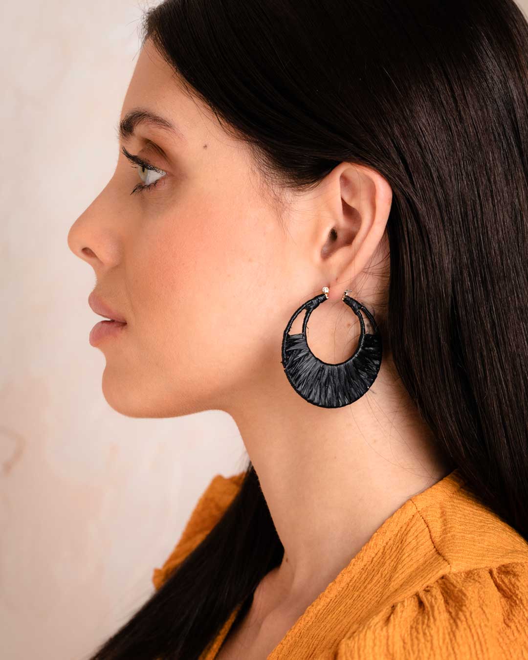 Black Threaded Raffia Hoop Earrings