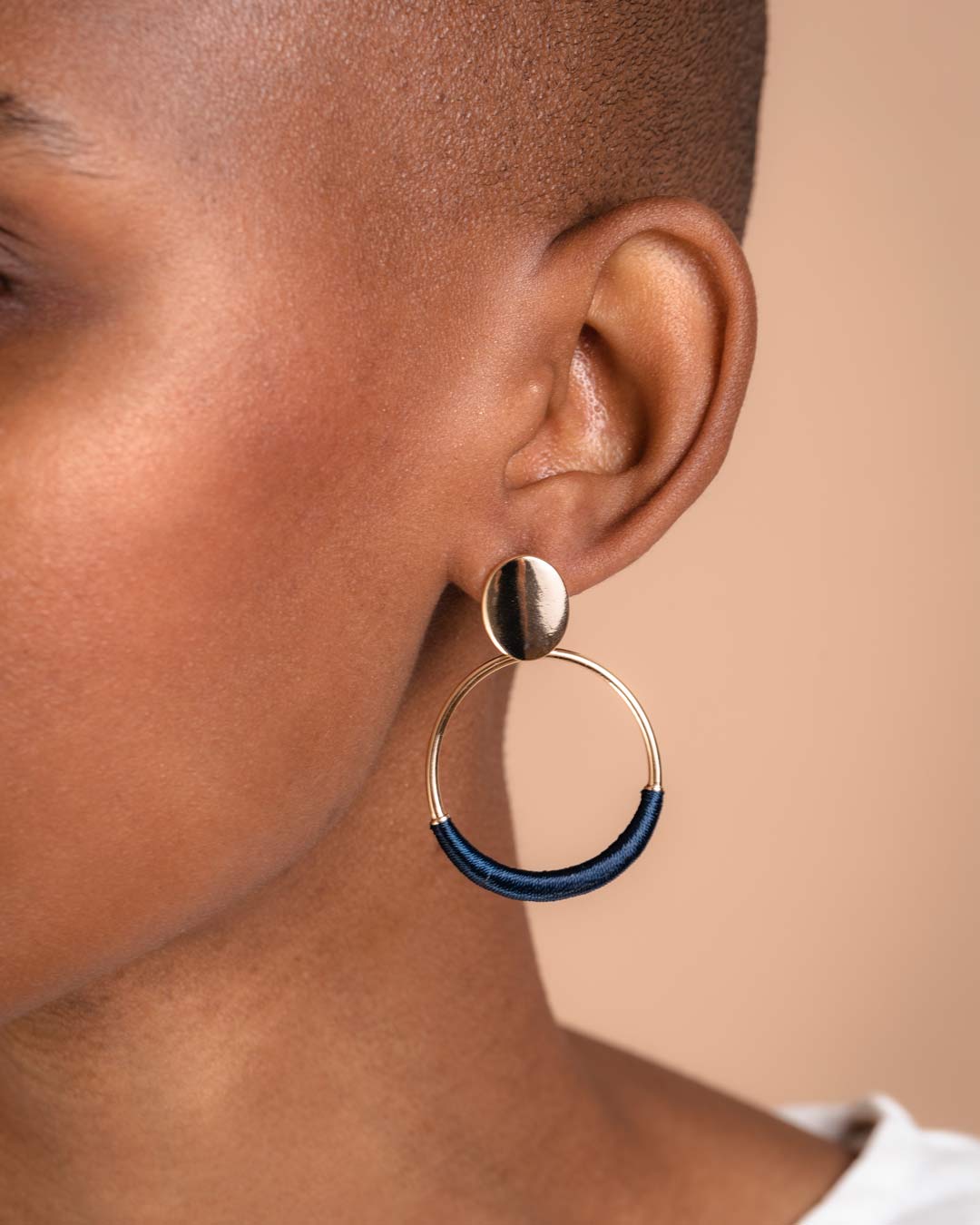 Blue Threaded Oval Drop Hoop Stud Earrings