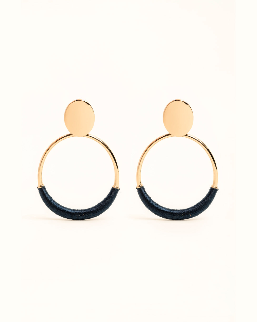 Blue Threaded Oval Drop Hoop Stud Earrings
