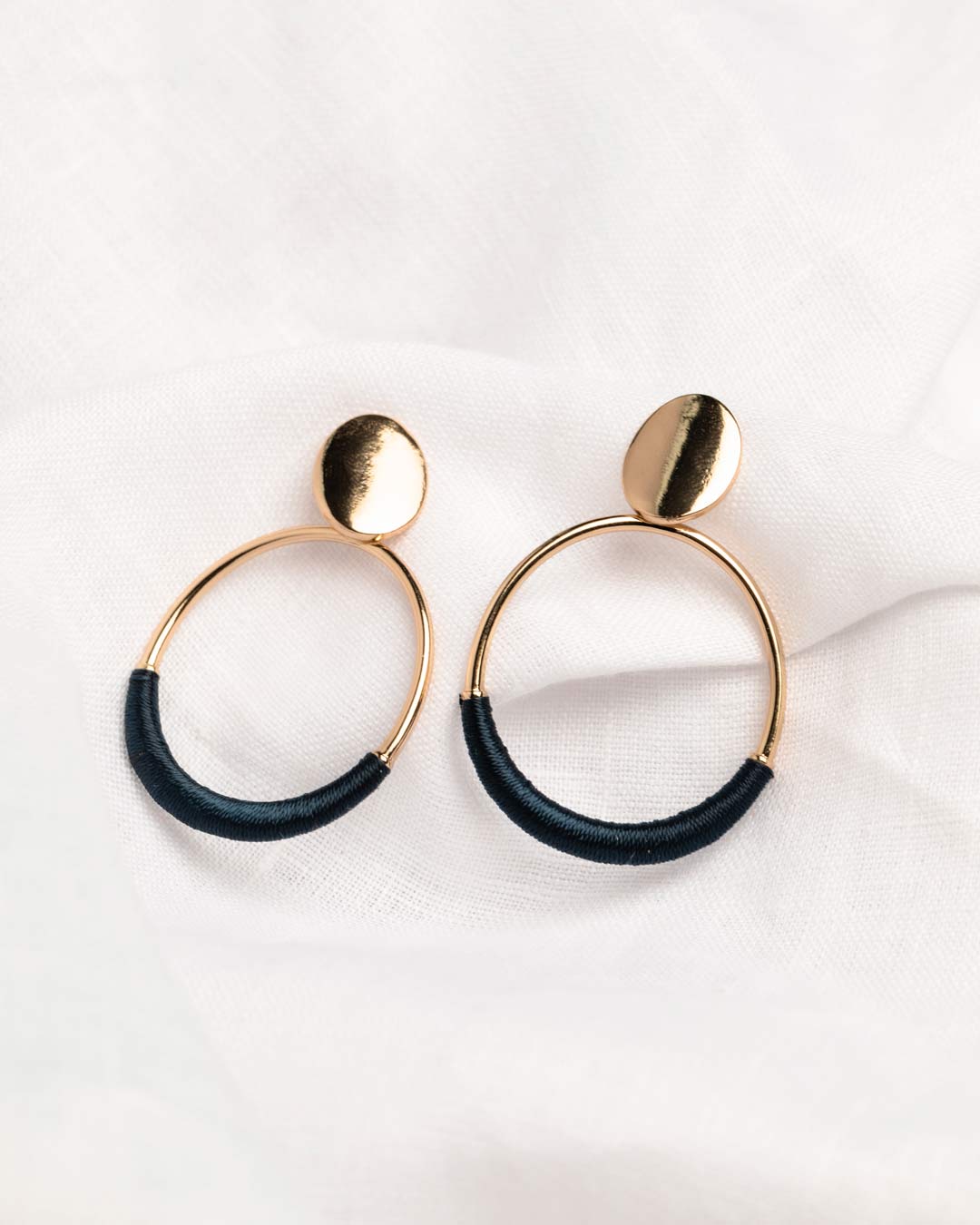 Blue Threaded Oval Drop Hoop Stud Earrings