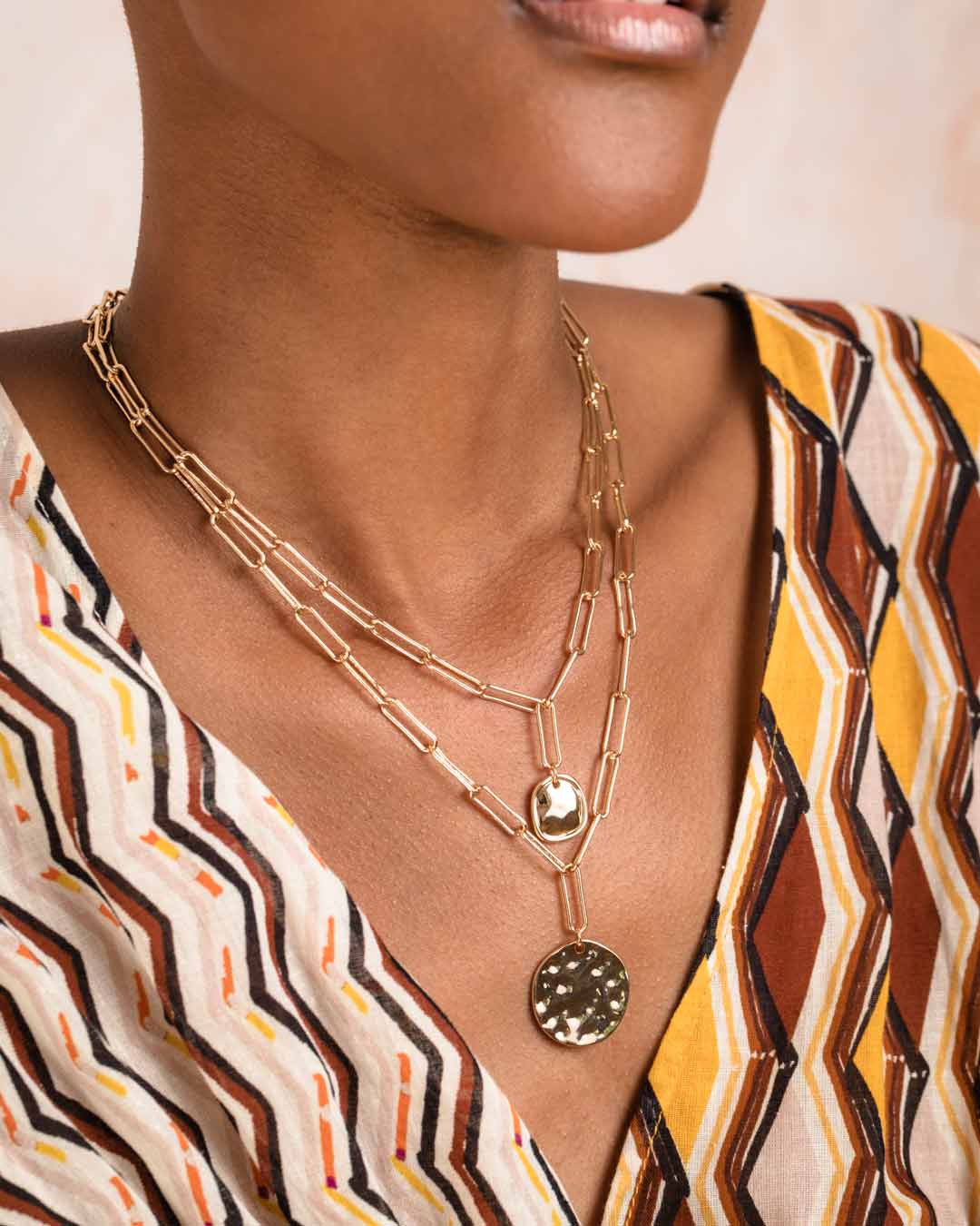 Gold Chain Link Multi Pendant Disc Necklace