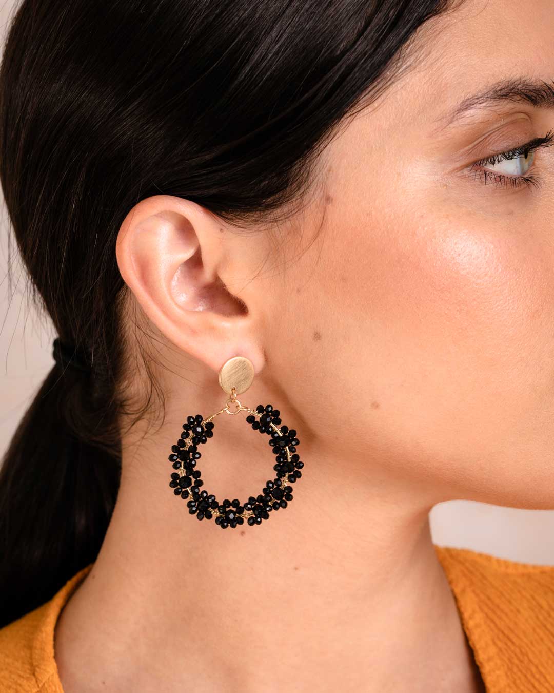 Black Cluster Beaded Hoop Drops Earrings