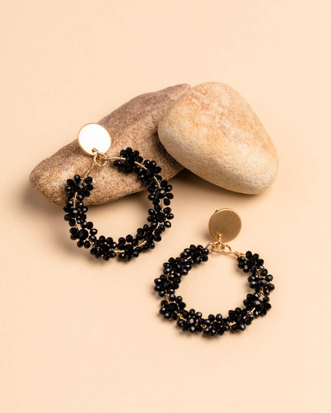 Black Cluster Beaded Hoop Drops Earrings
