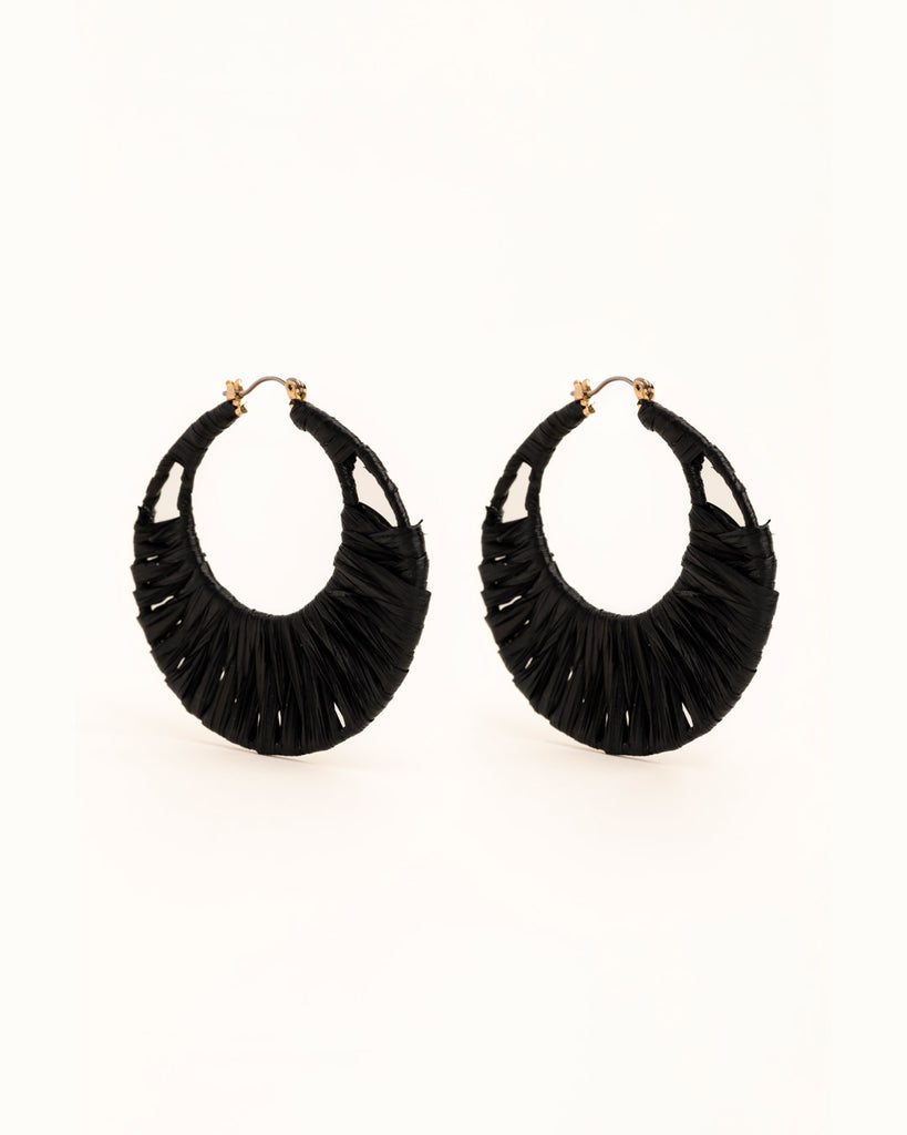 Black Threaded Raffia Hoop Earrings