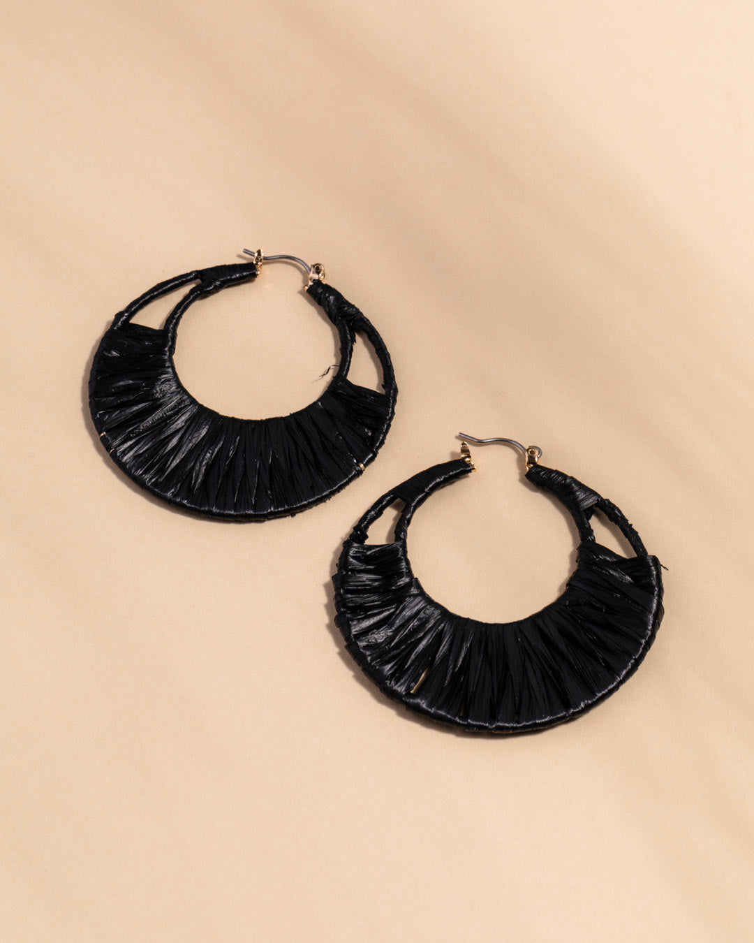 Black Threaded Raffia Hoop Earrings