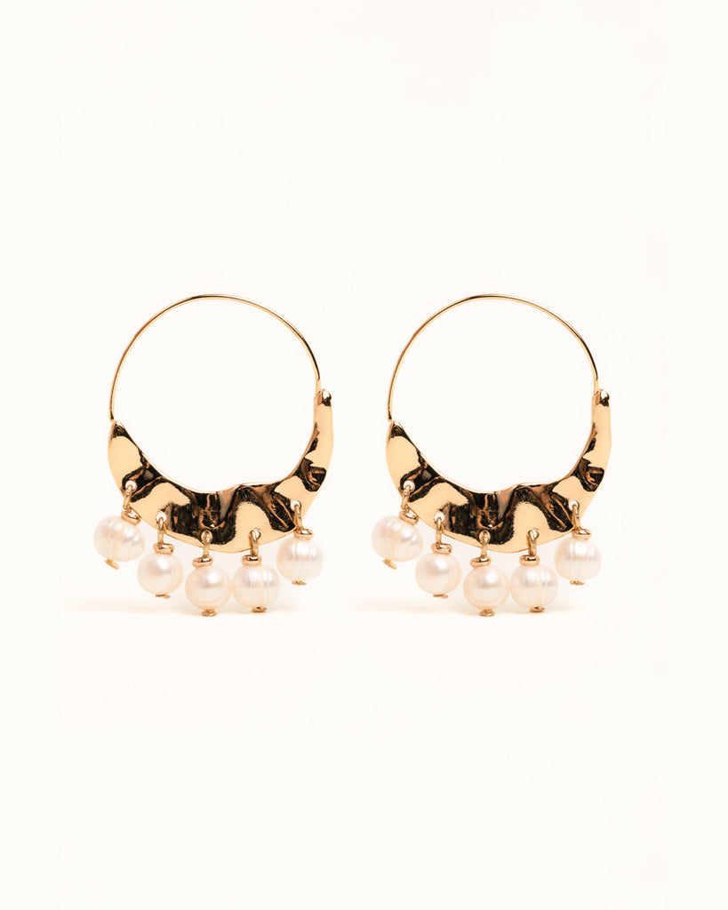 Gold Cascading Genuine Freshwater Pearl Hoop Earrings