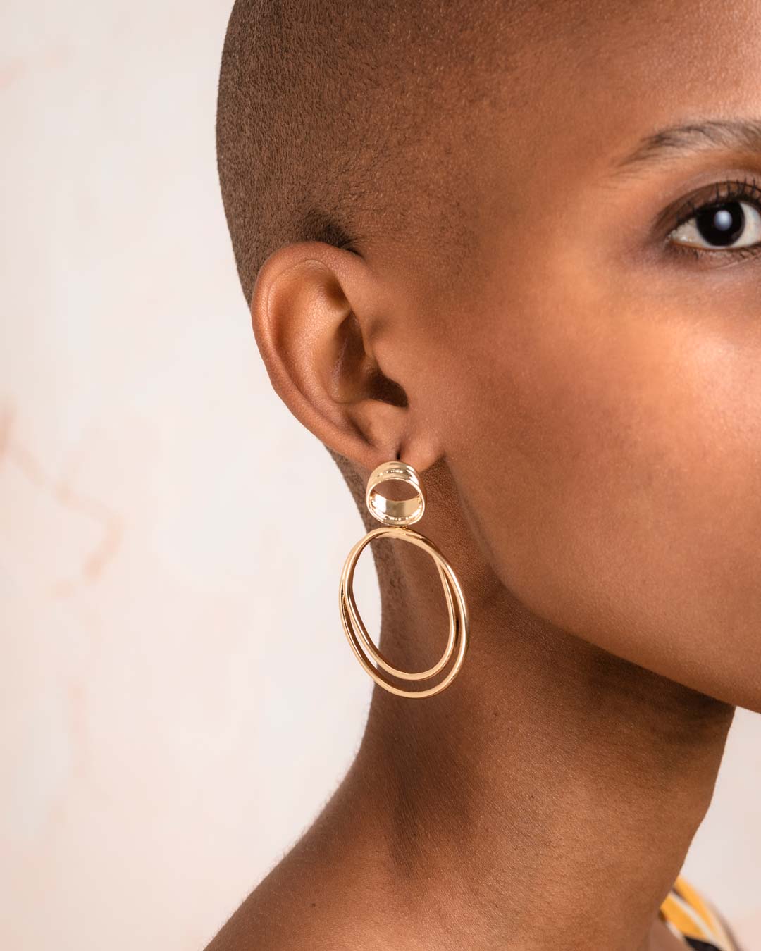 Gold Double Oval Hanging Stud Earrings
