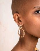 Gold Double Oval Hanging Stud Earrings