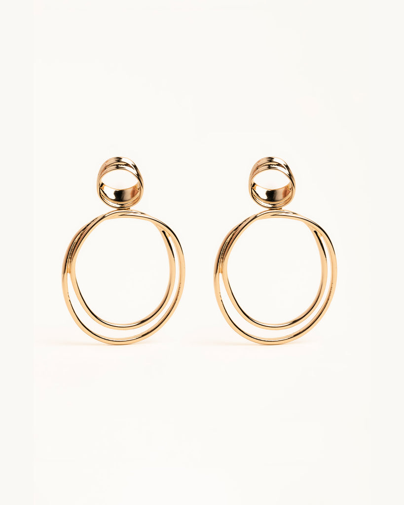 Gold Double Oval Hanging Stud Earrings