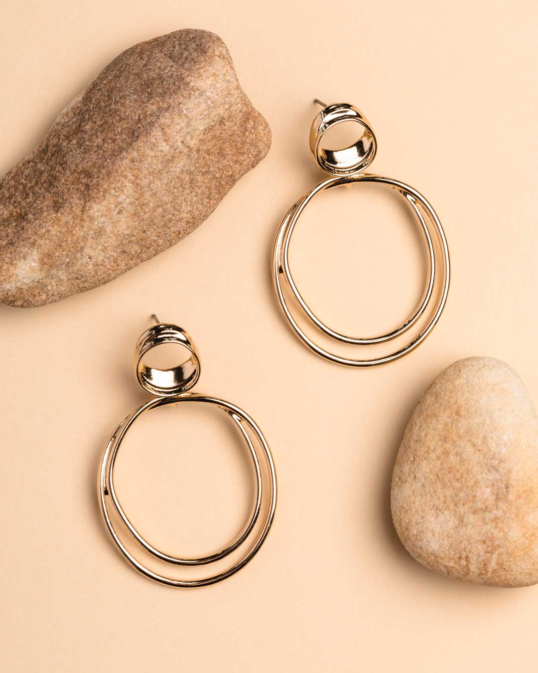 Gold Double Oval Hanging Stud Earrings