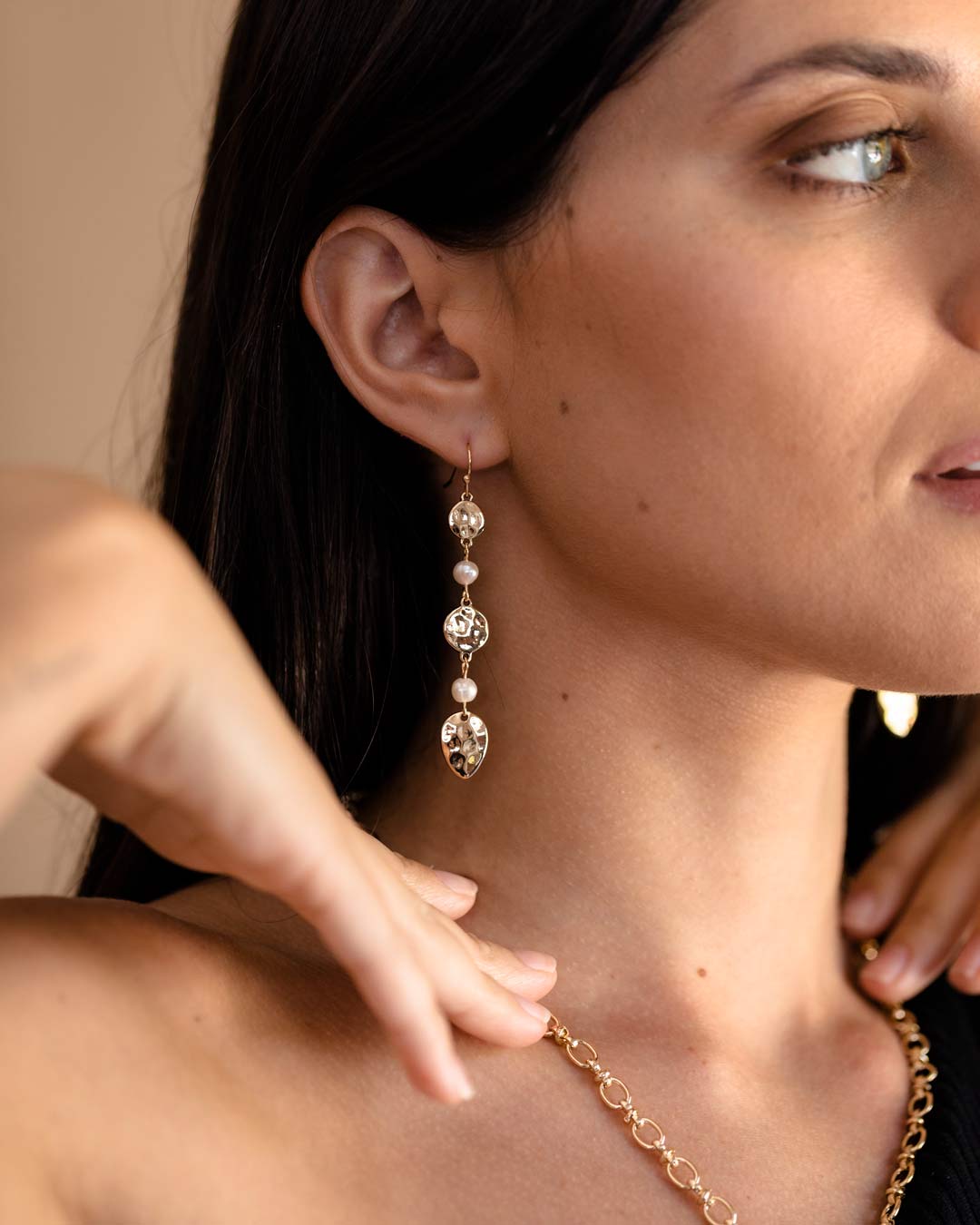 Genuine Freshwater Pearl and Gold Strand Earrings
