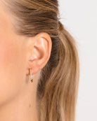 18ct Gold Vermeil Flawless Crystal J-Shaped Hoop Earrings 925 Naledi on model